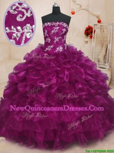 Noble Beading and Appliques and Ruffles Quinceanera Gown Fuchsia Lace Up Sleeveless Floor Length