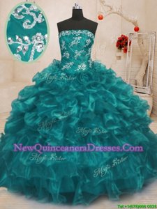 Pretty Turquoise Ball Gowns Organza Strapless Sleeveless Beading and Appliques and Ruffles Floor Length Lace Up Sweet 16 Quinceanera Dress