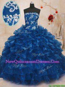 Unique Organza Strapless Sleeveless Lace Up Beading and Appliques and Ruffles Sweet 16 Dresses inNavy Blue