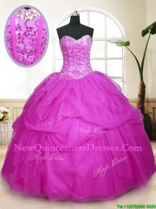 Free and Easy Sequins Pick Ups Ball Gowns Quinceanera Dress Fuchsia Sweetheart Tulle Sleeveless Floor Length Lace Up