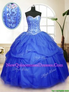 Stunning Sweetheart Sleeveless Sweet 16 Quinceanera Dress Floor Length Sequins and Pick Ups Blue Tulle