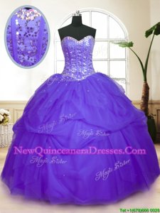 Sumptuous Tulle Sweetheart Sleeveless Lace Up Sequins and Pick Ups 15 Quinceanera Dress inPurple