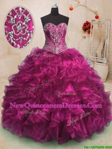 Unique Fuchsia Lace Up Sweetheart Beading and Ruffles Quinceanera Dresses Organza Sleeveless Sweep Train