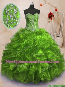 Cute Sleeveless Sweep Train Beading and Ruffles Lace Up Quince Ball Gowns