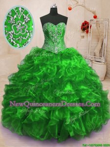 Exquisite Beading and Ruffles Quinceanera Dress Spring Green Lace Up Sleeveless With Train Sweep Train