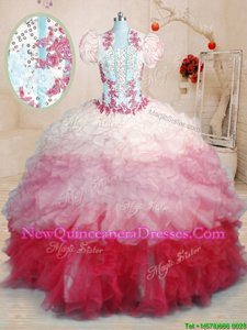 Delicate Multi-color Ball Gowns Sweetheart Sleeveless Organza With Brush Train Lace Up Beading and Appliques and Ruffles Quinceanera Dresses