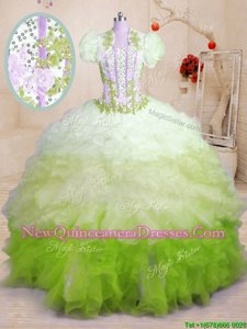 Custom Designed Sleeveless Brush Train Beading and Appliques and Ruffles Lace Up 15 Quinceanera Dress