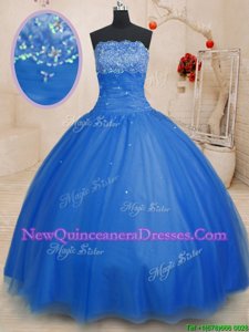 Cute Strapless Sleeveless Quinceanera Gown Floor Length Beading Blue Tulle