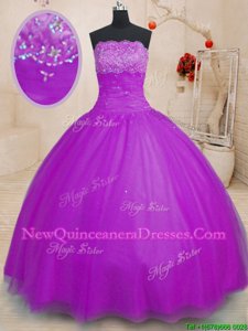 Dazzling Strapless Sleeveless Lace Up Sweet 16 Dress Purple Tulle