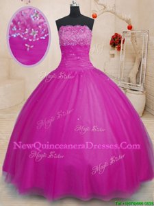 Pretty Fuchsia Lace Up Strapless Beading Sweet 16 Quinceanera Dress Tulle Sleeveless