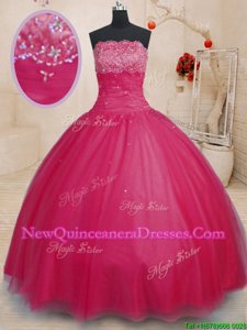 Sweet Coral Red Ball Gowns Off The Shoulder Sleeveless Tulle Floor Length Lace Up Beading 15th Birthday Dress