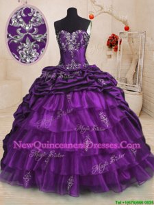 Stylish Pick Ups Ruffled Purple Sleeveless Organza and Taffeta Sweep Train Lace Up Ball Gown Prom Dress for Military Ball and Sweet 16 and Quinceanera