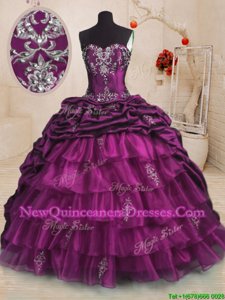 Dynamic Beading and Appliques and Ruffles and Pick Ups Quinceanera Gowns Purple Lace Up Sleeveless With Train Sweep Train