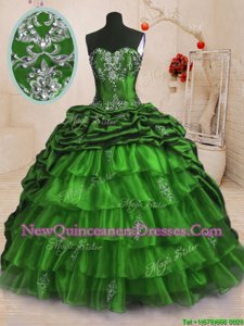 New Style Pick Ups Ruffled With Train Spring Green Ball Gown Prom Dress Sweetheart Sleeveless Sweep Train Lace Up