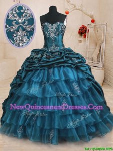 Simple Sleeveless With Train Beading and Appliques and Ruffled Layers and Pick Ups Lace Up Quince Ball Gowns with Teal Sweep Train