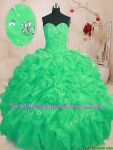 Green Lace Up Sweetheart Beading and Ruffles 15th Birthday Dress Organza Sleeveless