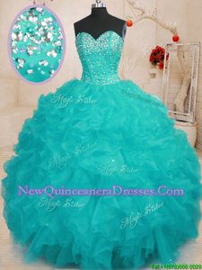 Ball Gowns 15 Quinceanera Dress Aqua Blue Sweetheart Organza Sleeveless Floor Length Lace Up