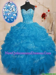 Noble Blue Ball Gowns Sweetheart Sleeveless Organza Floor Length Lace Up Beading and Ruffles Quinceanera Gown