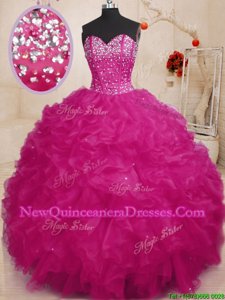 Inexpensive Fuchsia Sleeveless Beading and Ruffles Floor Length Sweet 16 Dress