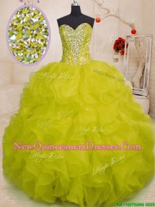 Sexy Sweetheart Sleeveless Sweet 16 Dresses Floor Length Beading and Ruffles Yellow Green Organza