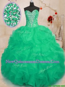 Adorable Sleeveless Floor Length Beading and Ruffles Lace Up Quinceanera Dresses with Green