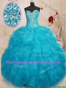 Romantic Sweetheart Sleeveless Lace Up Sweet 16 Dress Aqua Blue Organza