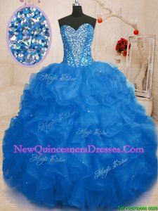 Sophisticated Blue Lace Up Sweetheart Beading and Ruffles Sweet 16 Dresses Organza Sleeveless