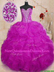 Artistic Fuchsia Sweetheart Lace Up Beading and Ruffles Quince Ball Gowns Sleeveless