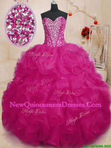 Luxurious Beading and Ruffles Ball Gown Prom Dress Fuchsia Lace Up Sleeveless Floor Length