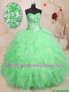 Exceptional Green Organza Lace Up Sweetheart Sleeveless Floor Length Ball Gown Prom Dress Beading and Ruffles