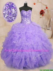 Modest Sweetheart Sleeveless Lace Up Quince Ball Gowns Lavender Organza