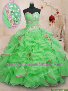 Custom Fit Spring Green Sleeveless Organza Brush Train Lace Up Quinceanera Dresses for Military Ball and Sweet 16 and Quinceanera