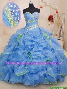 Fashion Light Blue Sweetheart Lace Up Beading and Ruffles Ball Gown Prom Dress Brush Train Sleeveless