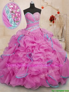 Latest With Train Ball Gowns Sleeveless Rose Pink Sweet 16 Dresses Brush Train Lace Up