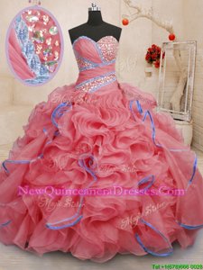 Coral Red Organza Lace Up Sweetheart Sleeveless With Train Quinceanera Gown Brush Train Beading and Ruffles