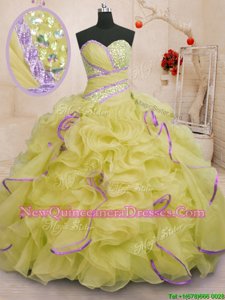 Inexpensive Yellow Green Sweet 16 Dress Military Ball and Sweet 16 and Quinceanera and For withBeading and Ruffles Sweetheart Sleeveless Brush Train Lace Up