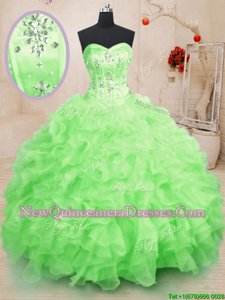 Superior Spring Green Ball Gowns Sweetheart Sleeveless Organza Floor Length Lace Up Beading and Ruffles Quinceanera Gowns