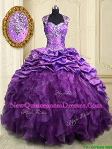 Artistic Pick Ups With Train Purple Vestidos de Quinceanera Sweetheart Cap Sleeves Brush Train Lace Up