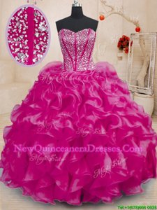 High Class Sweetheart Sleeveless Lace Up Quince Ball Gowns Fuchsia Organza