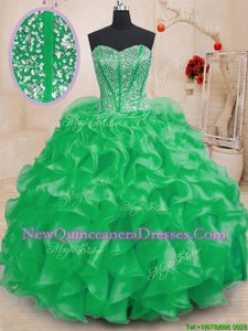 Amazing Sleeveless Organza Floor Length Lace Up 15th Birthday Dress inSpring Green withBeading and Ruffles