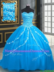 Comfortable Sleeveless Tulle With Brush Train Lace Up Vestidos de Quinceanera inAqua Blue withBeading and Appliques