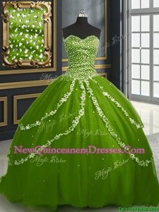 Flare Sleeveless Brush Train Lace Up With Train Beading and Appliques Quince Ball Gowns