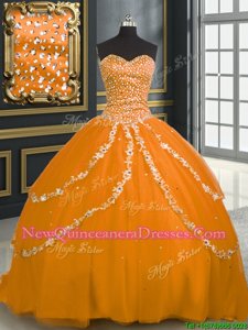 Perfect With Train Orange 15th Birthday Dress Sweetheart Sleeveless Brush Train Lace Up