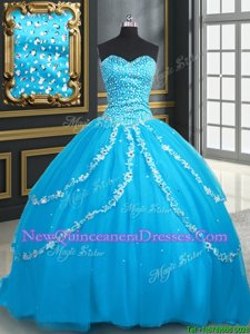 Modest Baby Blue Vestidos de Quinceanera Military Ball and Sweet 16 and Quinceanera and For withBeading and Appliques Sweetheart Sleeveless Brush Train Lace Up