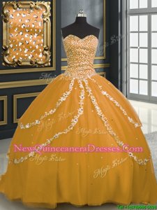 Pretty Sweetheart Sleeveless Brush Train Lace Up 15th Birthday Dress Gold Tulle