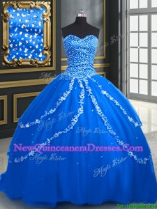 Hot Sale Blue Ball Gowns Sweetheart Sleeveless Tulle With Brush Train Lace Up Beading and Appliques Ball Gown Prom Dress