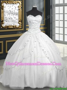 Fantastic Sweetheart Sleeveless Quinceanera Gown With Brush Train Beading and Appliques White Tulle