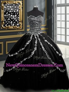 Low Price With Train Lace Up Quinceanera Gowns Black and In for Military Ball and Sweet 16 and Quinceanera withBeading and Appliques Brush Train