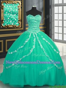 Luxurious With Train Lace Up Quinceanera Gowns Turquoise and In for Military Ball and Sweet 16 and Quinceanera withBeading and Appliques Brush Train