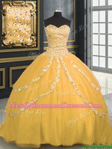 Fitting Sweetheart Sleeveless Tulle Quinceanera Dress Beading and Appliques Brush Train Lace Up